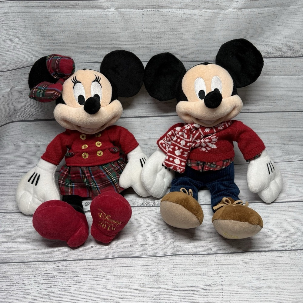 Disney Store Mickey Minnie Mouse Christmas 2015 2016 Plush Set Red Tartan Check